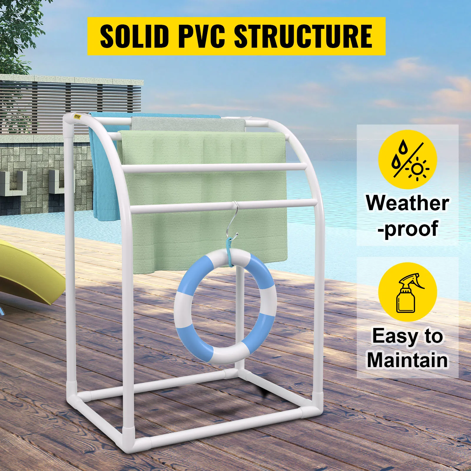 VEVOR pool towel rack by the pool with solid pvc structure, weatherproof, and easy to maintain features.