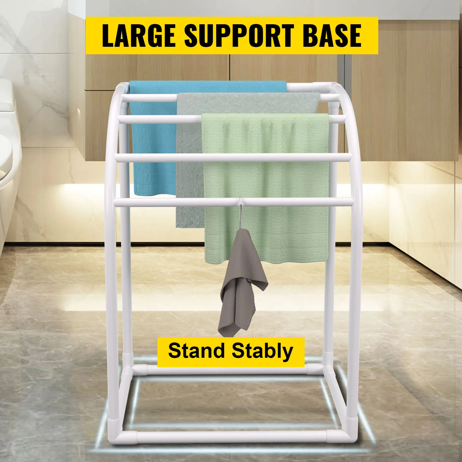 VEVOR pool towel rack with large support base, holding multiple towels in a modern bathroom.