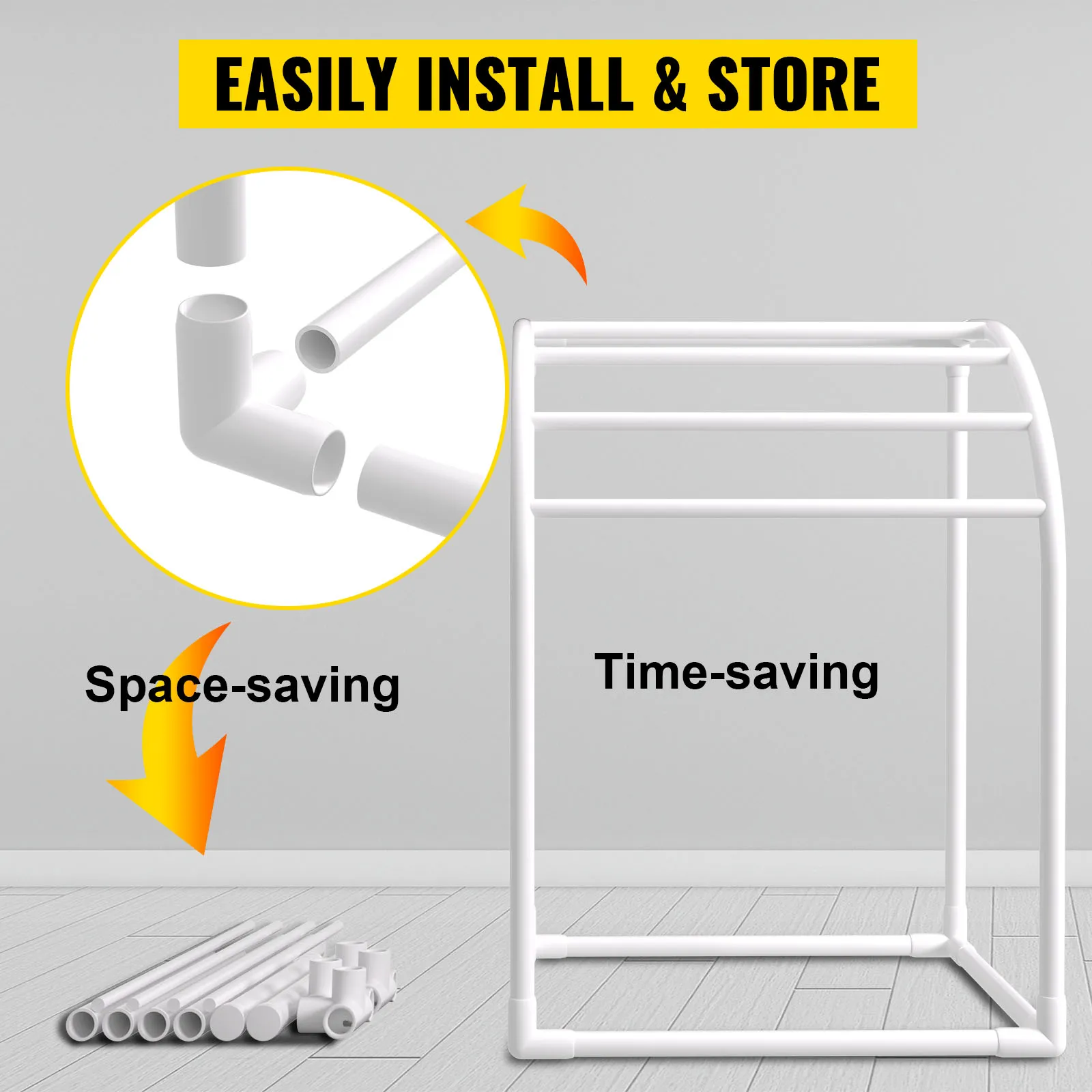 VEVOR pool towel rack assembly showing space-saving, time-saving features for easy install and storage.