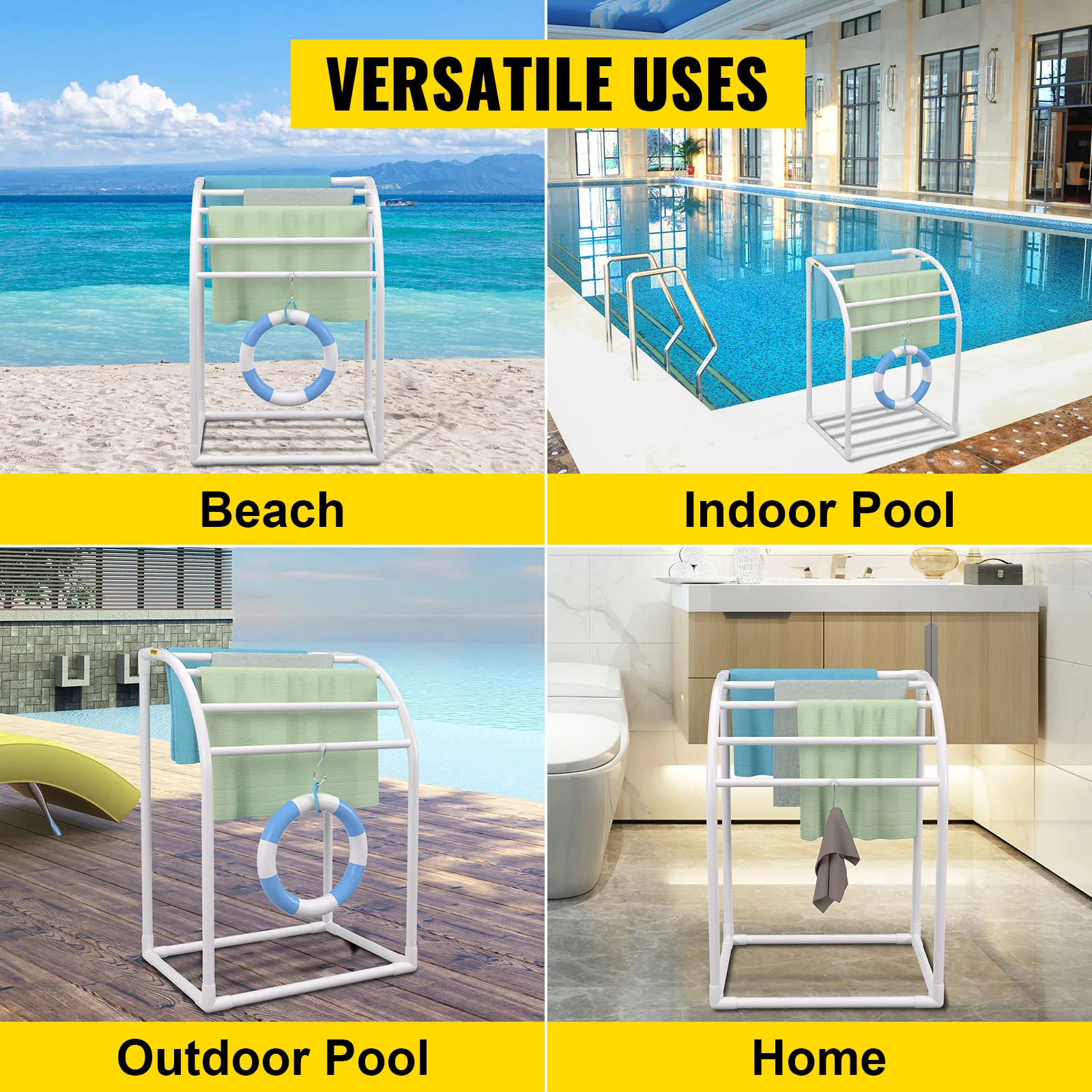 VEVOR pool towel rack for versatile use at the beach, indoor pool, outdoor pool, and home bathroom.