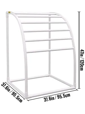 VEVOR pool towel rack in white, measuring 47in/120cm high, 37.6in/95.5cm wide and deep.