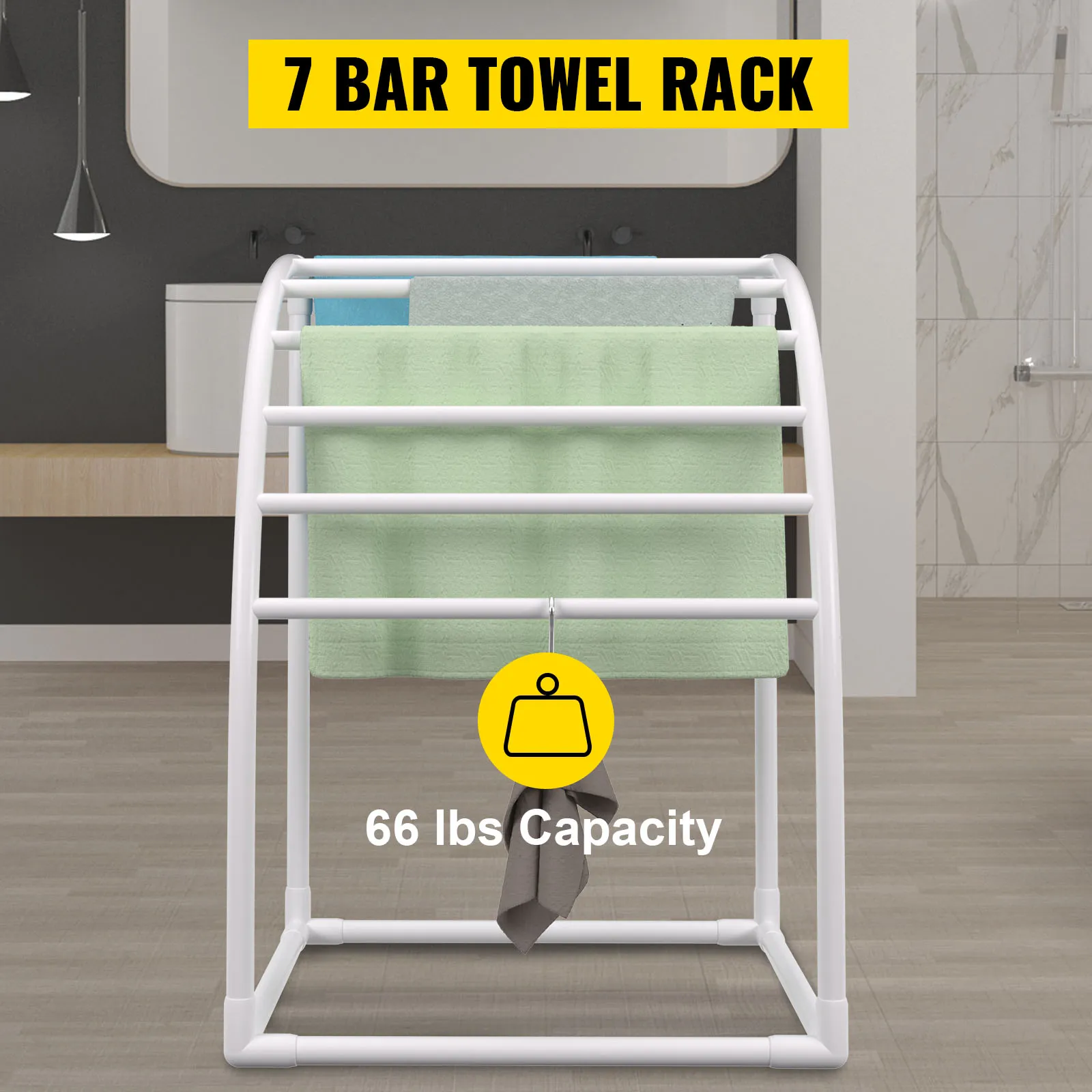 VEVOR pool towel rack with 7 bars and 66 lbs capacity in a modern bathroom setting.