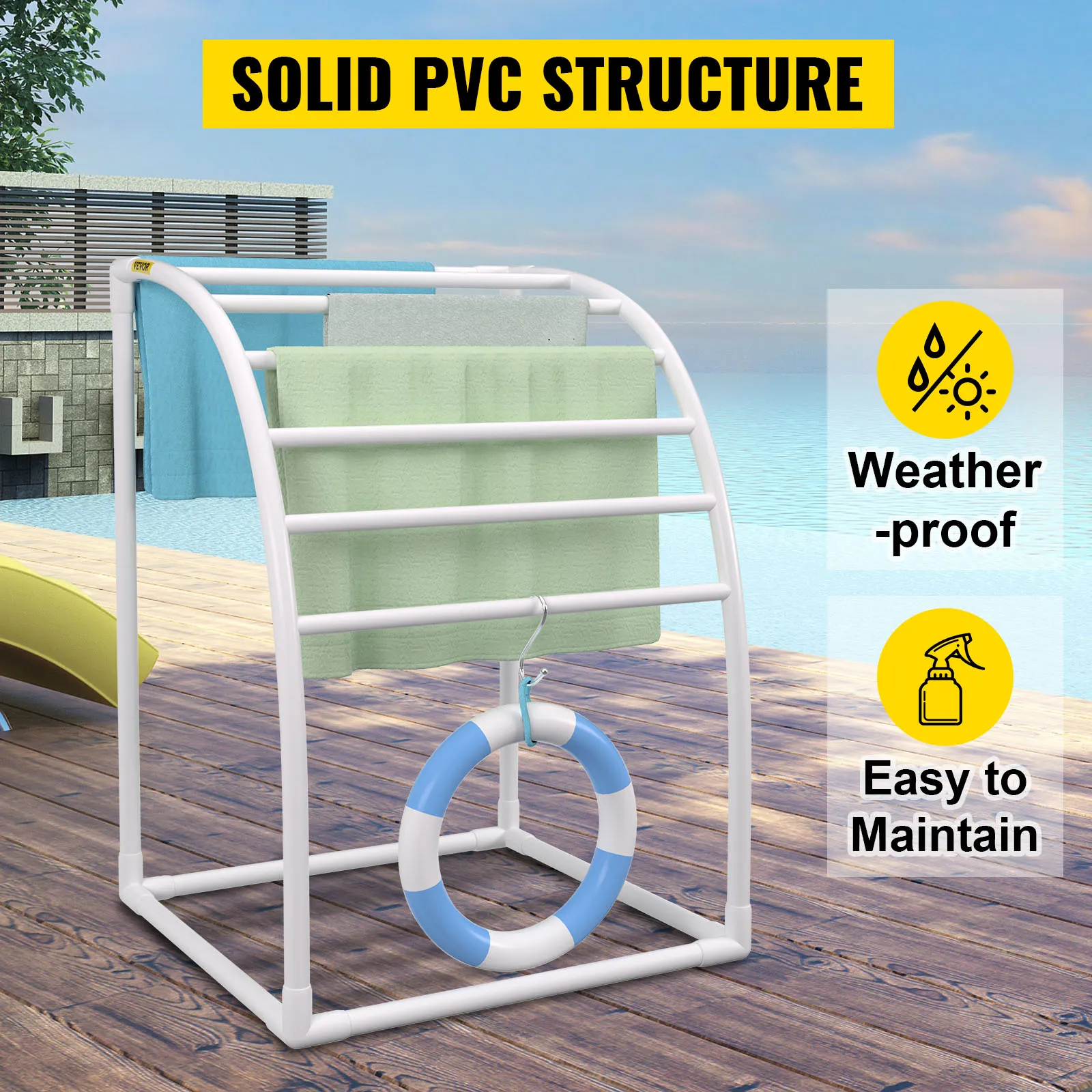 VEVOR pool towel rack beside a swimming pool, featuring a solid pvc structure, weatherproof, easy to maintain.
