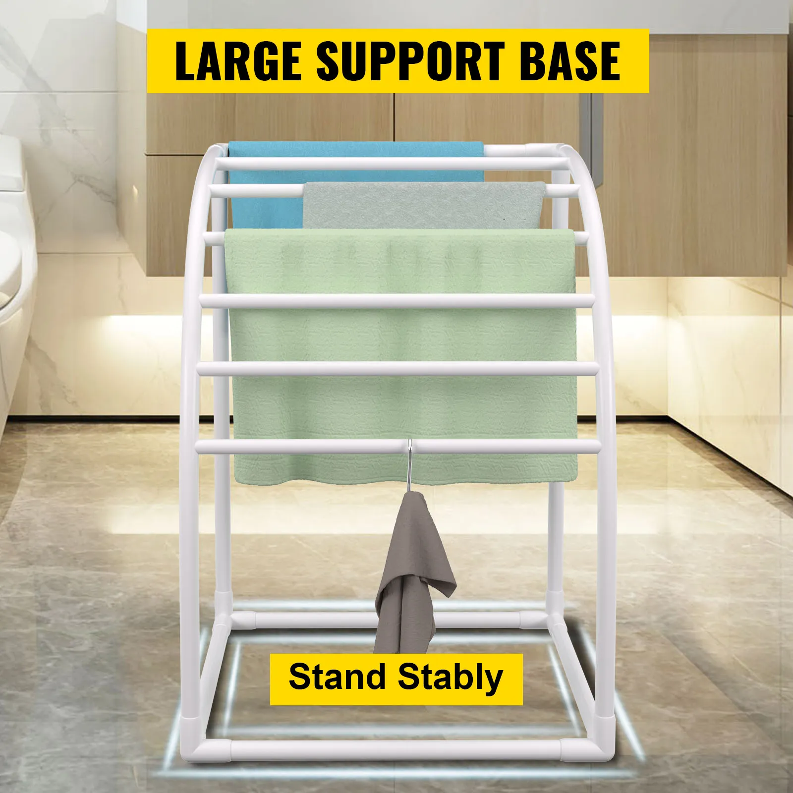 VEVOR pool towel rack with large support base, three hanging towels, and modern bathroom background.