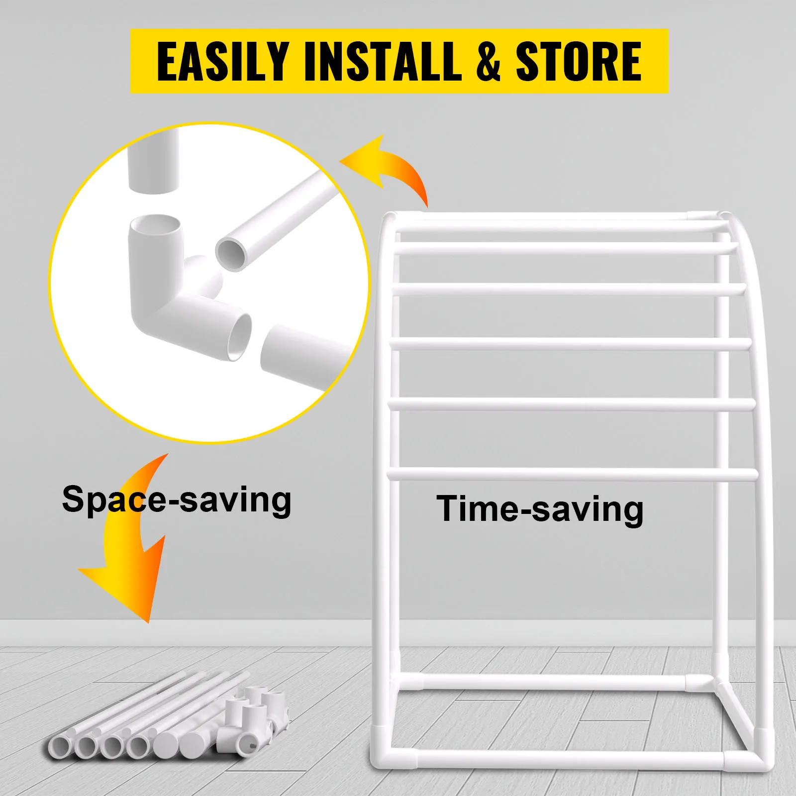 easy-to-install white VEVOR pool towel rack with disassembled parts for space-saving and time-saving benefits.