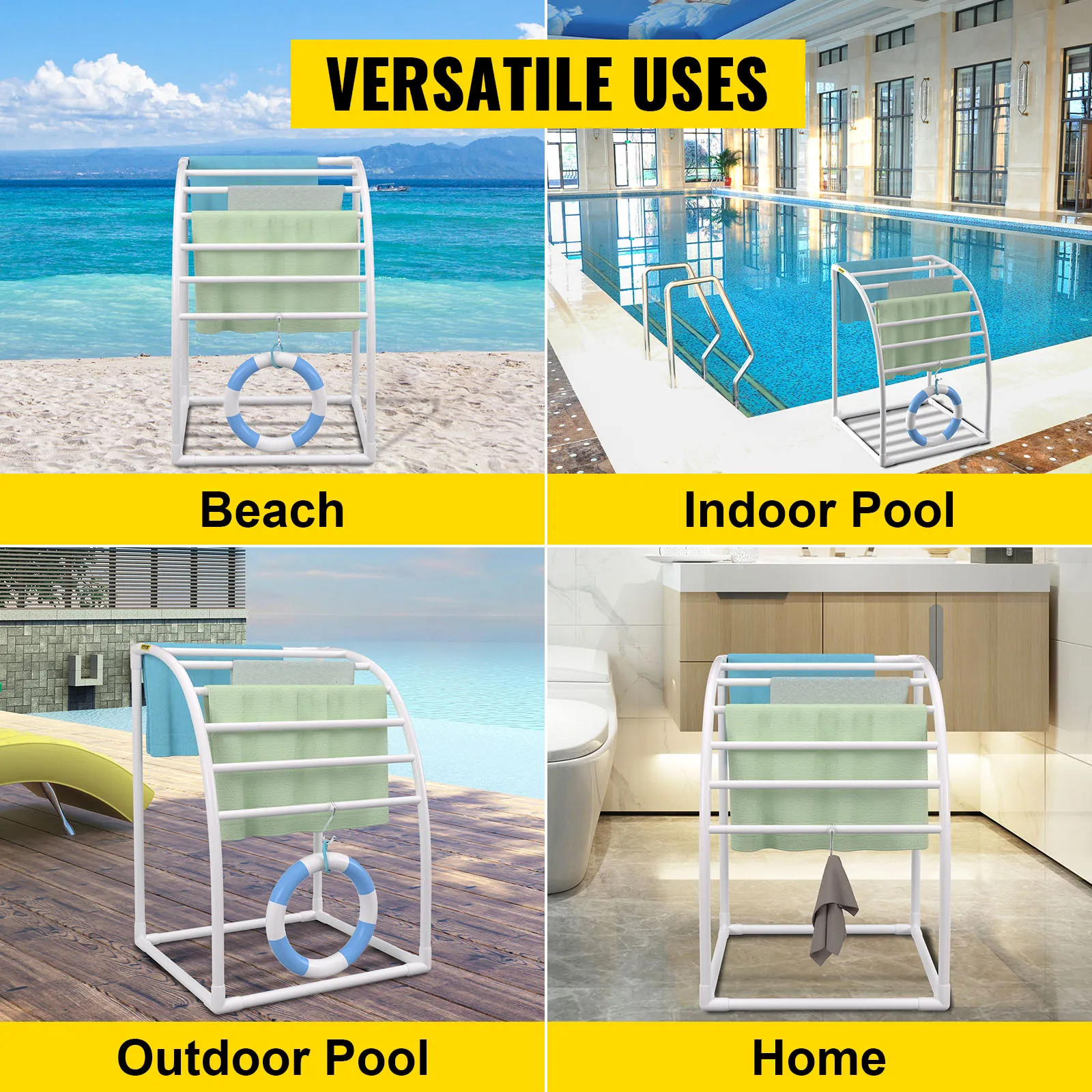 VEVOR pool towel rack used by the beach, indoor pool, outdoor pool, and at home.