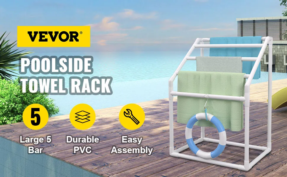 Вішалка для рушників VEVOR на басейні з рушниками, міцним ПВХ і символами для легкої збірки на передньому плані.