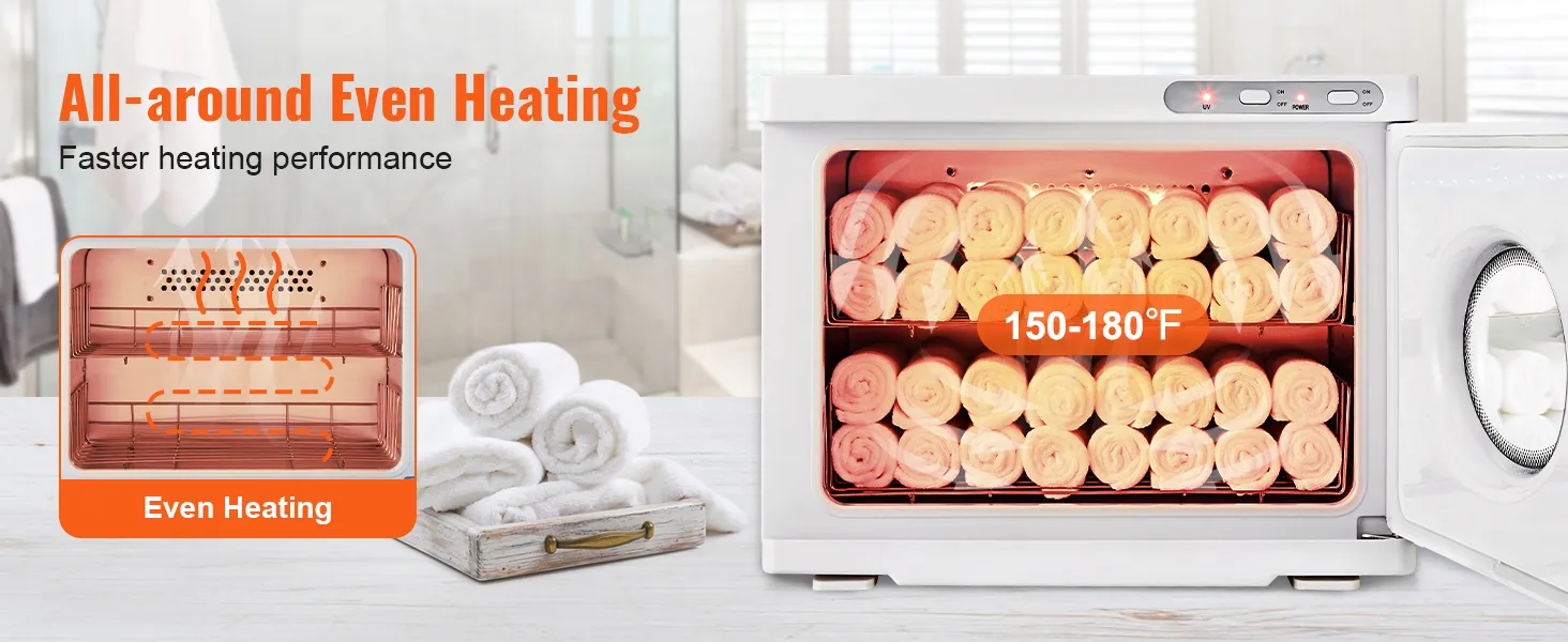 Der VEVOR-Handtuchwärmer mit gleichmäßiger Heizleistung und einem Temperaturbereich von 65–82 °C im Spa-Bereich.