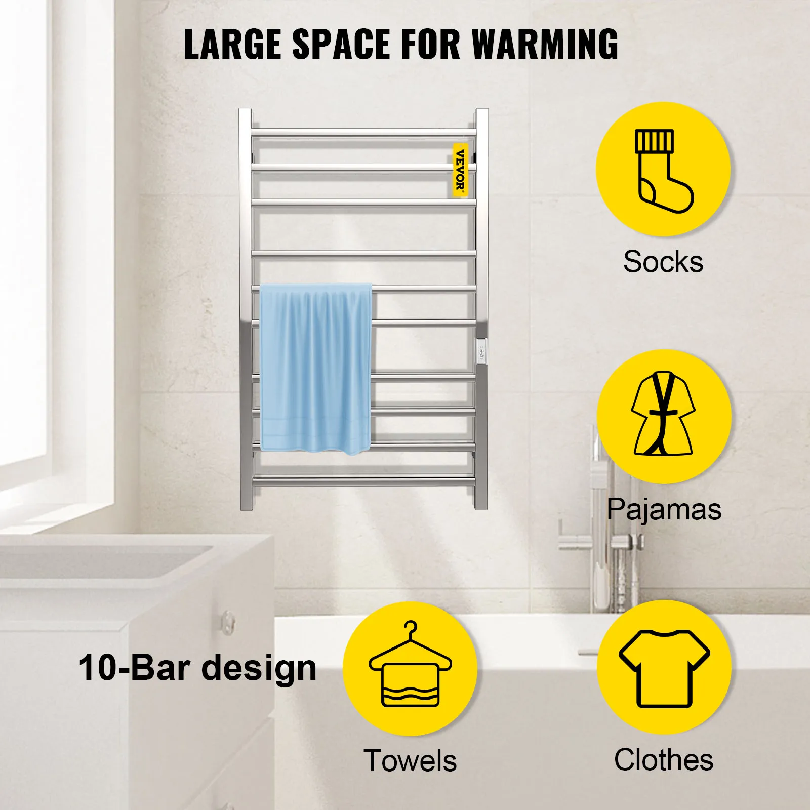 Toallero calefaccionado VEVOR en baño con gran espacio de calentamiento y diseño de 10 barras.