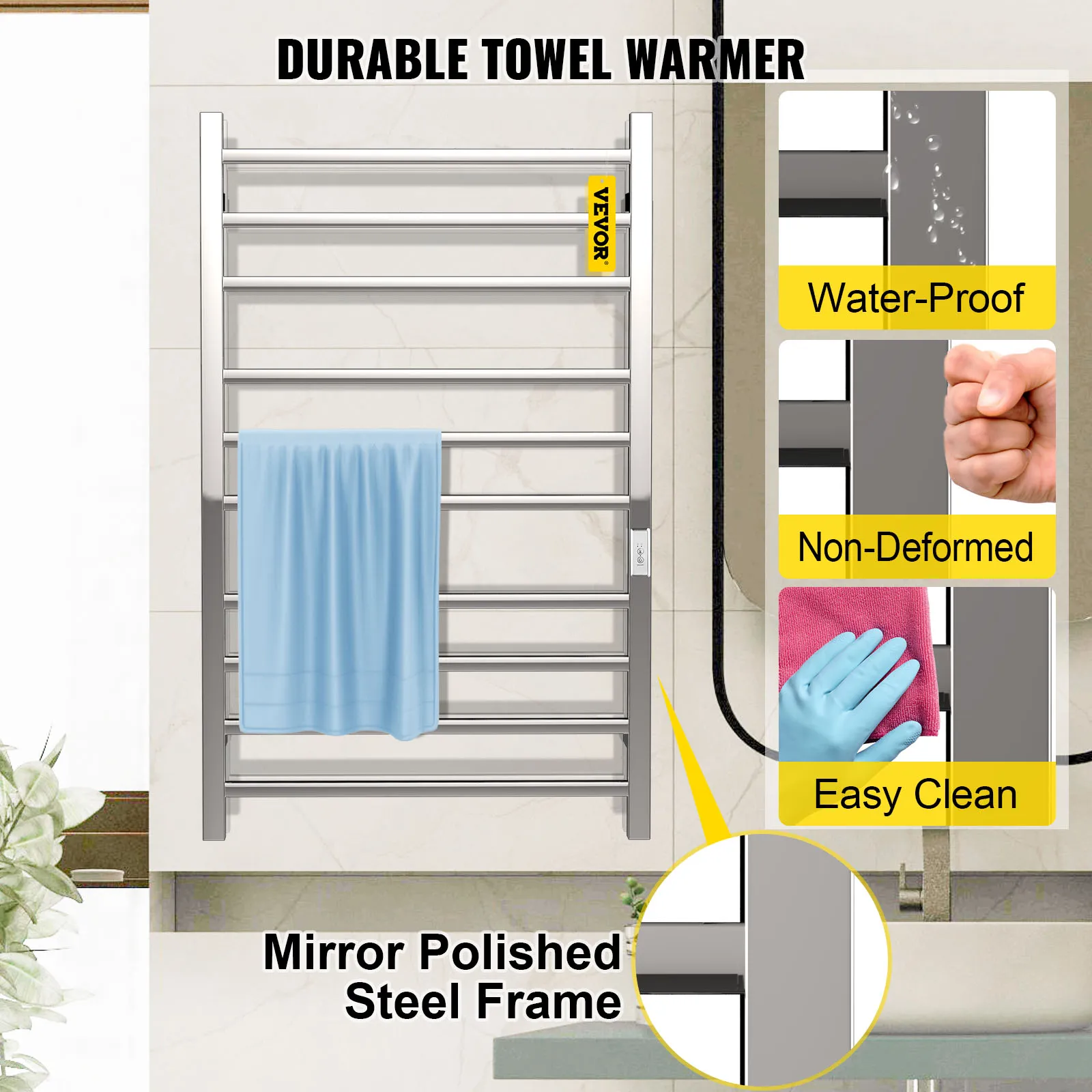 Toallero calefaccionado VEVOR con estructura de acero pulido espejo y toallero azul.
