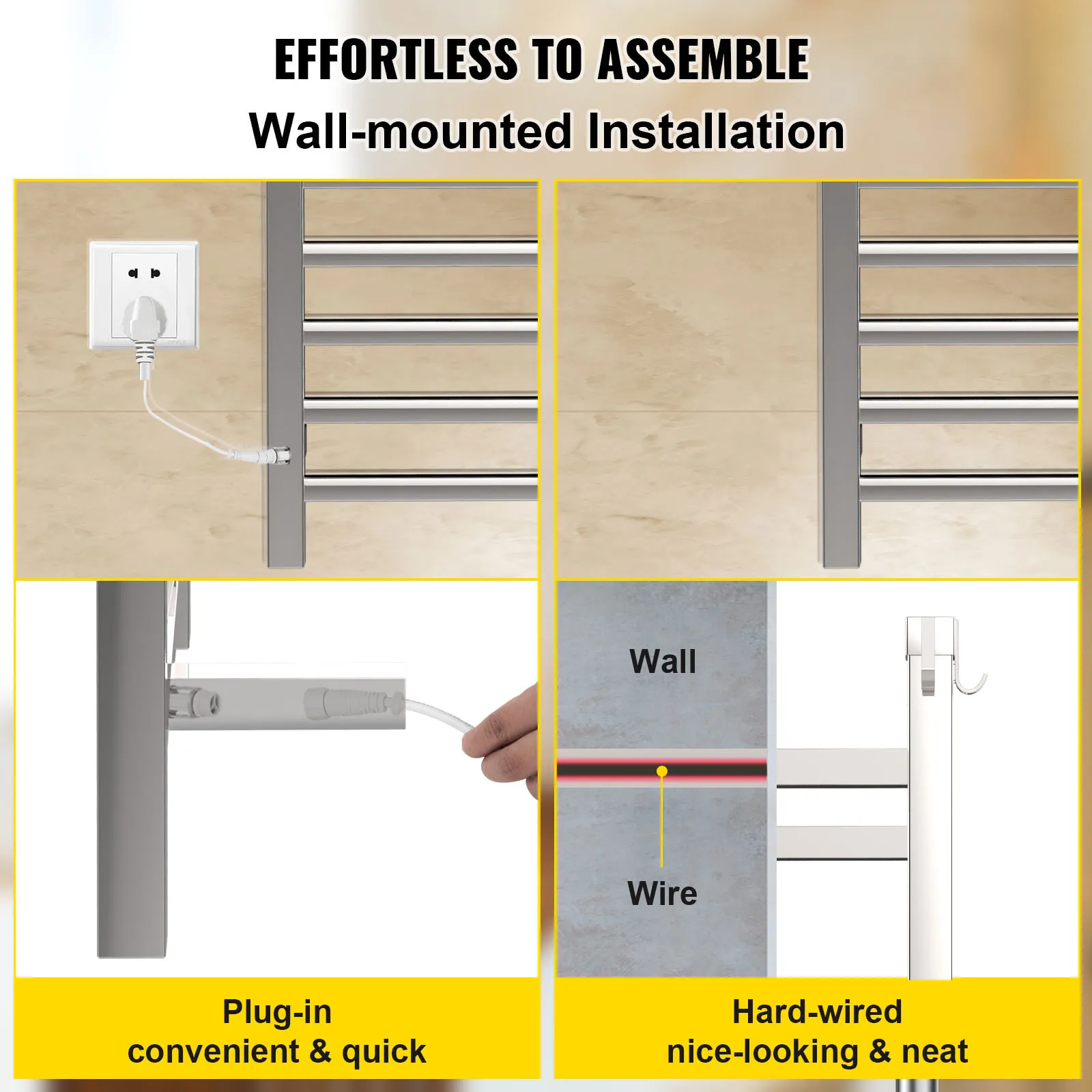 Toallero calefaccionado VEVOR: fácil montaje en pared con opciones enchufables y cableadas.