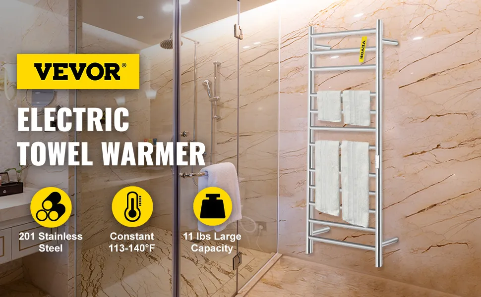 Toallero calefaccionado VEVOR en un lujoso baño con paredes de mármol y ducha de cristal.