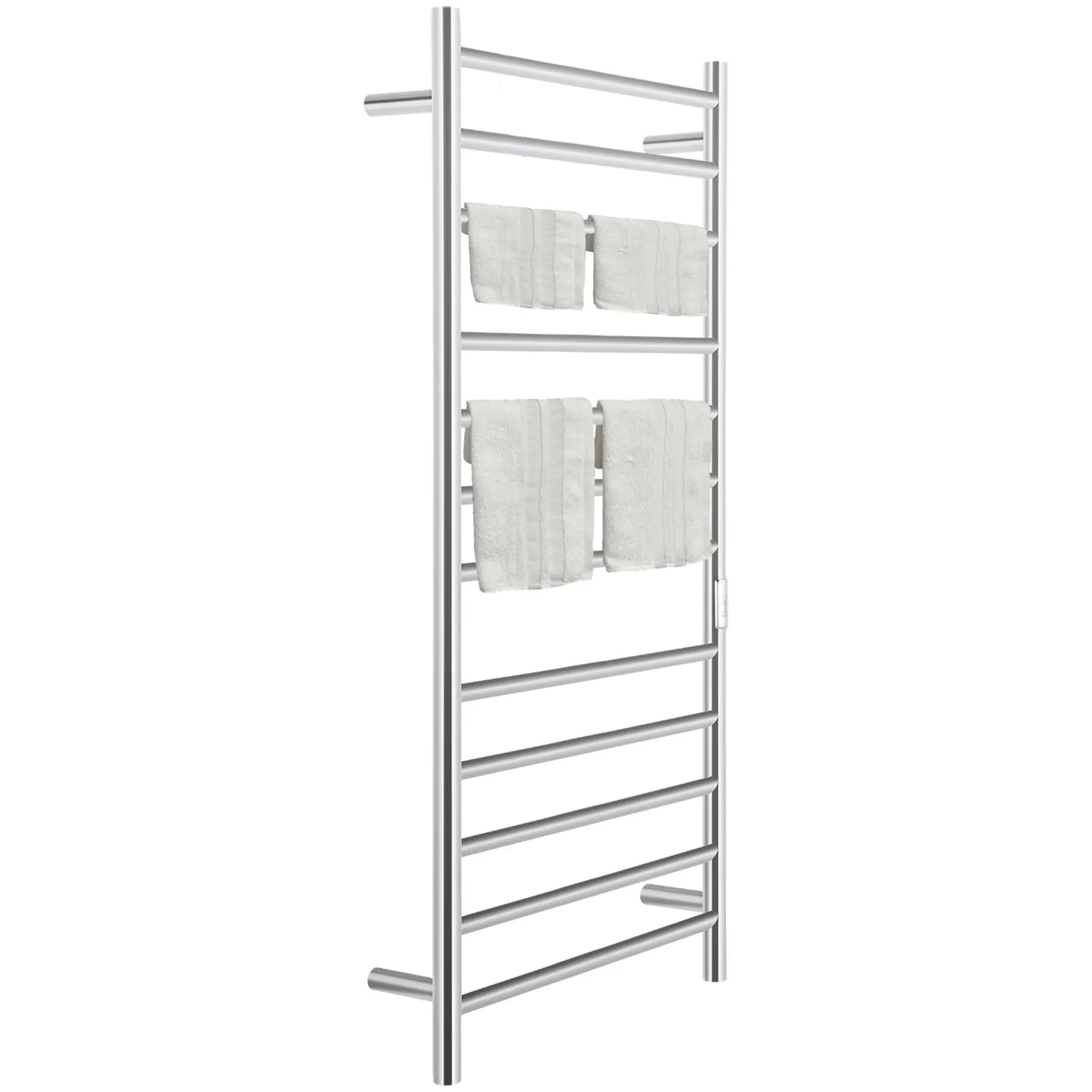 Toallero calefaccionado VEVOR en acero inoxidable con múltiples toallas sobre barras horizontales.