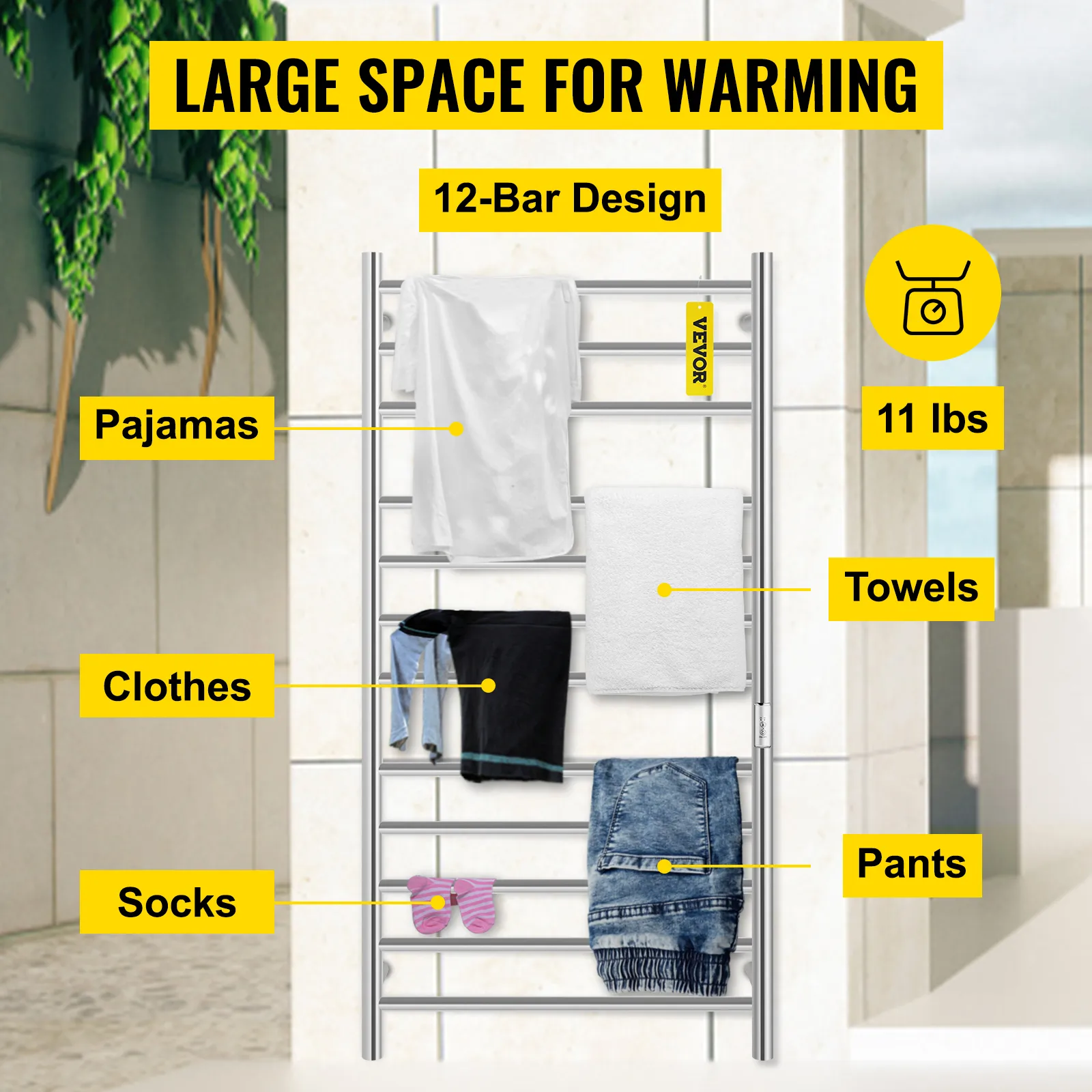 Toallero calefaccionado VEVOR con diseño de 12 barras, ideal para calentar ropa y toallas.