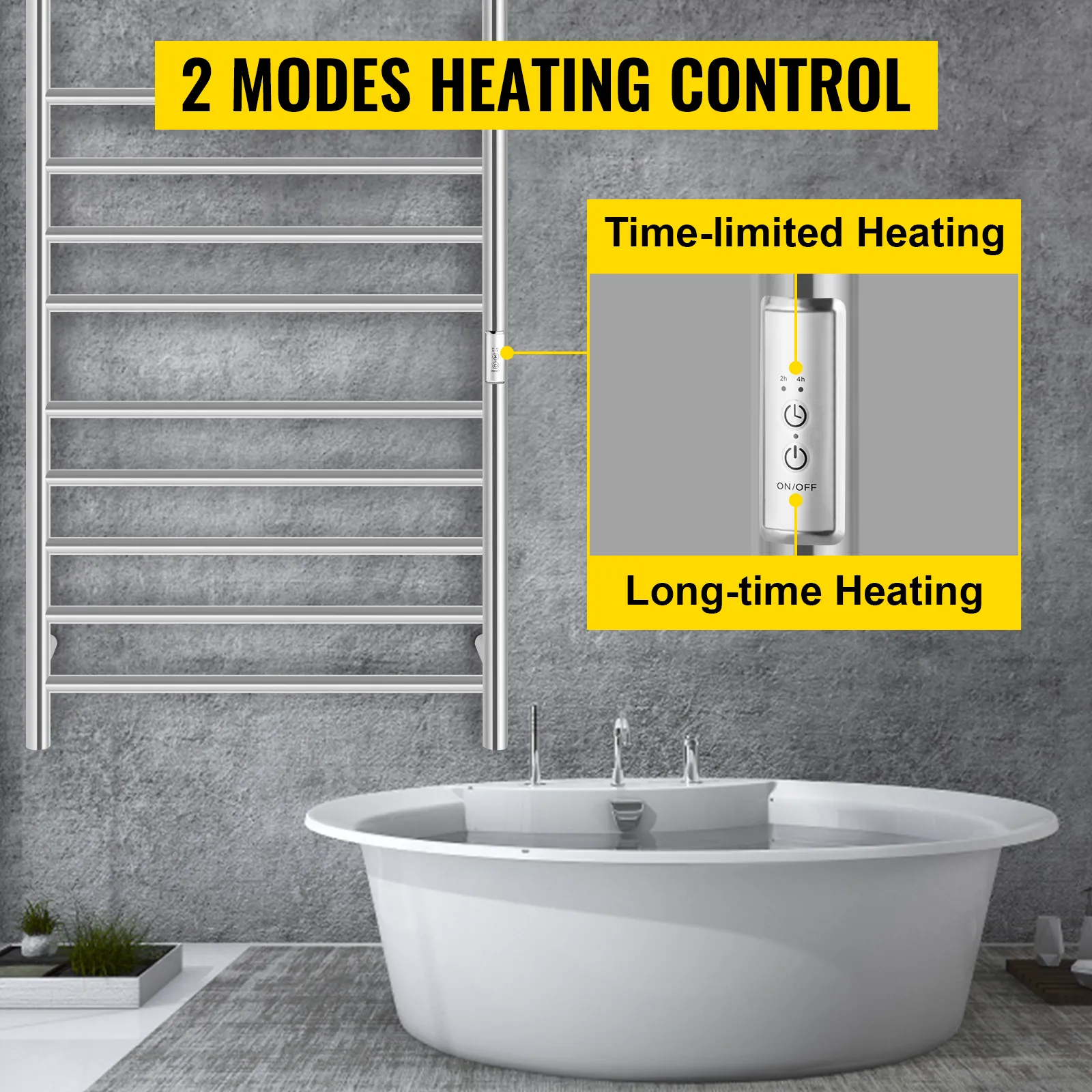 Toallero calefaccionado VEVOR con control de calefacción de dos modos sobre una bañera moderna.