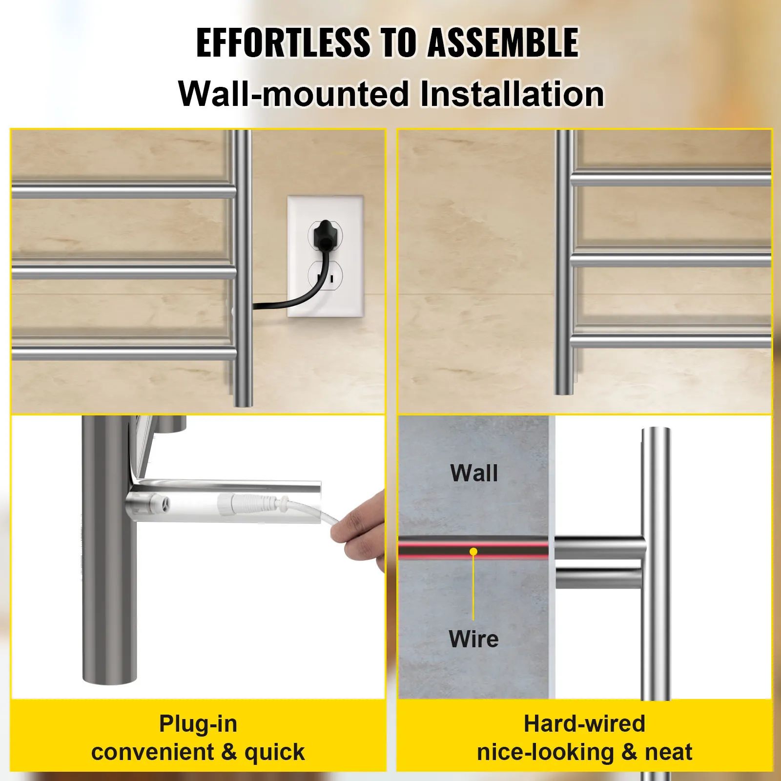 Toallero calefaccionado VEVOR con opciones de instalación enchufable y con cableado para montaje en pared.