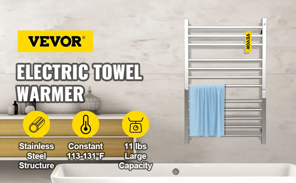 Toallero calefaccionado VEVOR para baño, acero inoxidable, 113-131°f, gran capacidad.