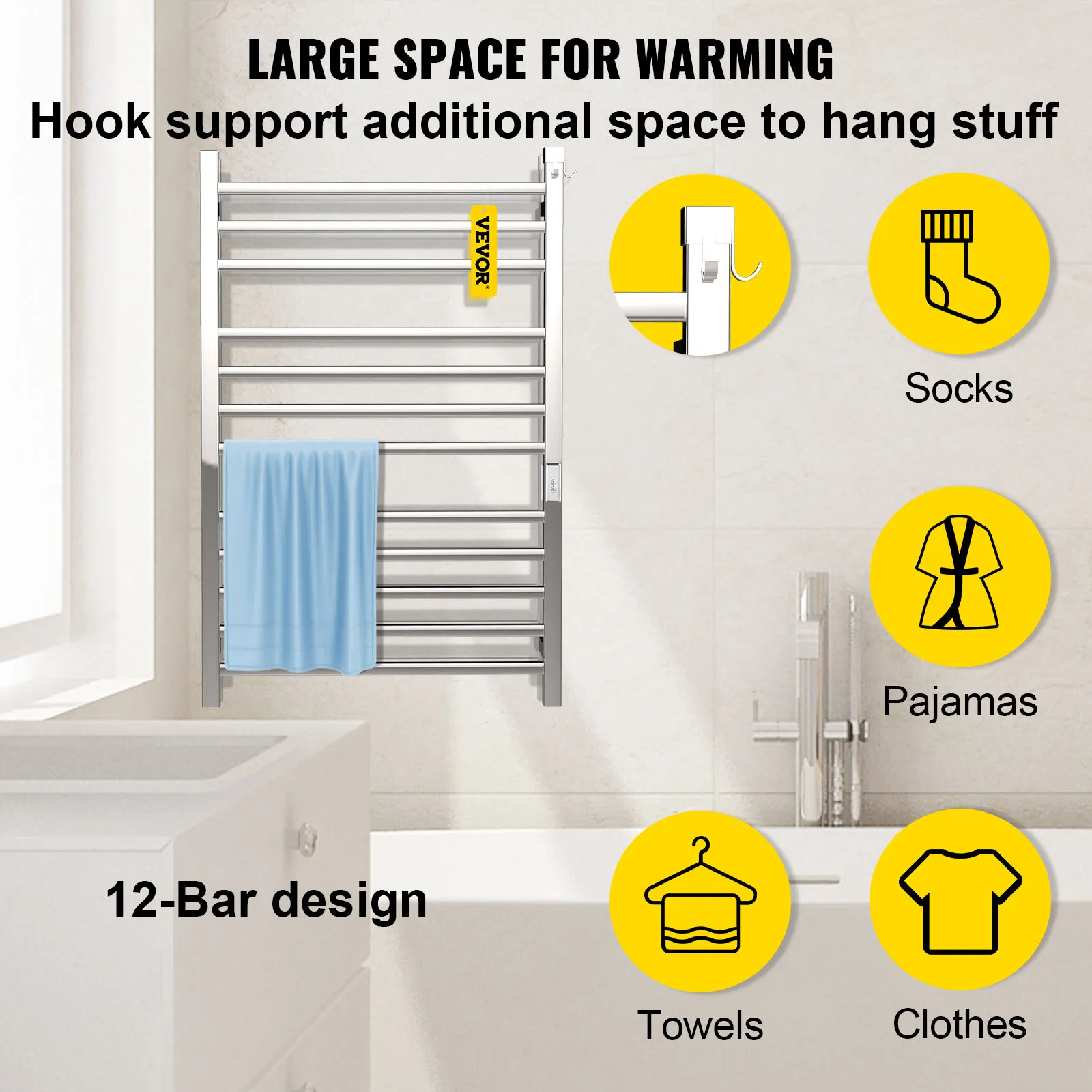 Toallero calefaccionado VEVOR con diseño de 12 barras; ideal para calentar toallas, ropa, calcetines y pijamas.