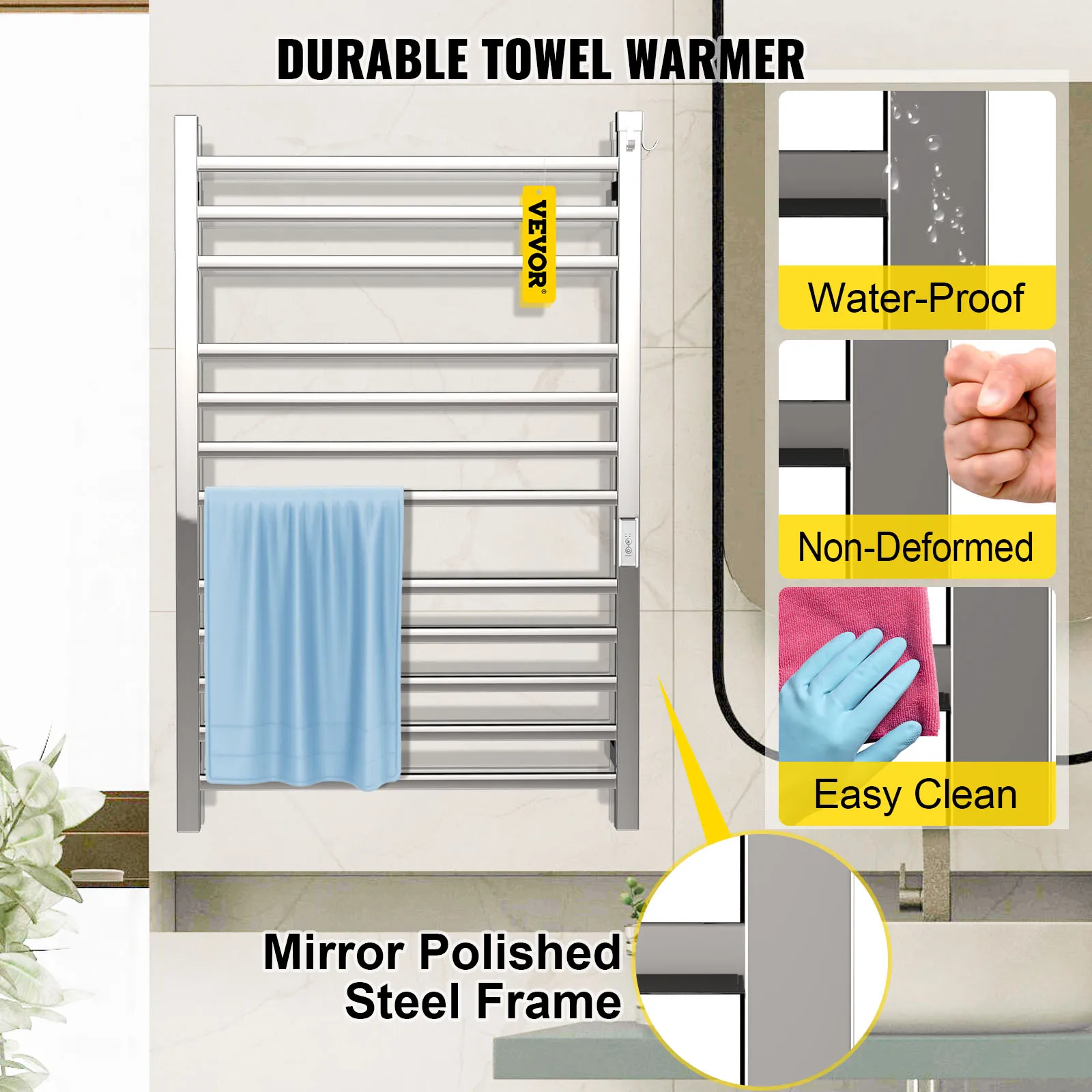 Toallero calefaccionado VEVOR con toalla azul, resistente al agua, no deformado, fácil de limpiar.