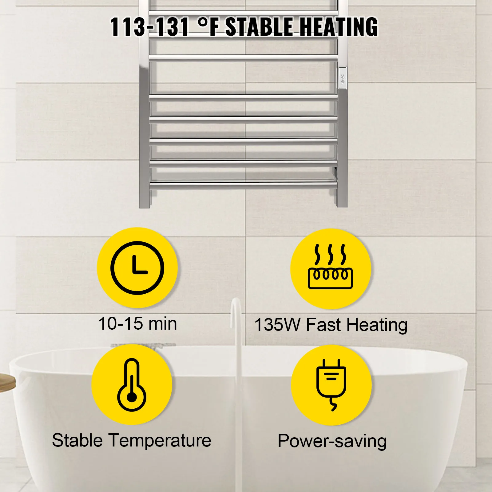 Toallero calefaccionado VEVOR sobre la bañera con calentamiento rápido y funciones de ahorro de energía.