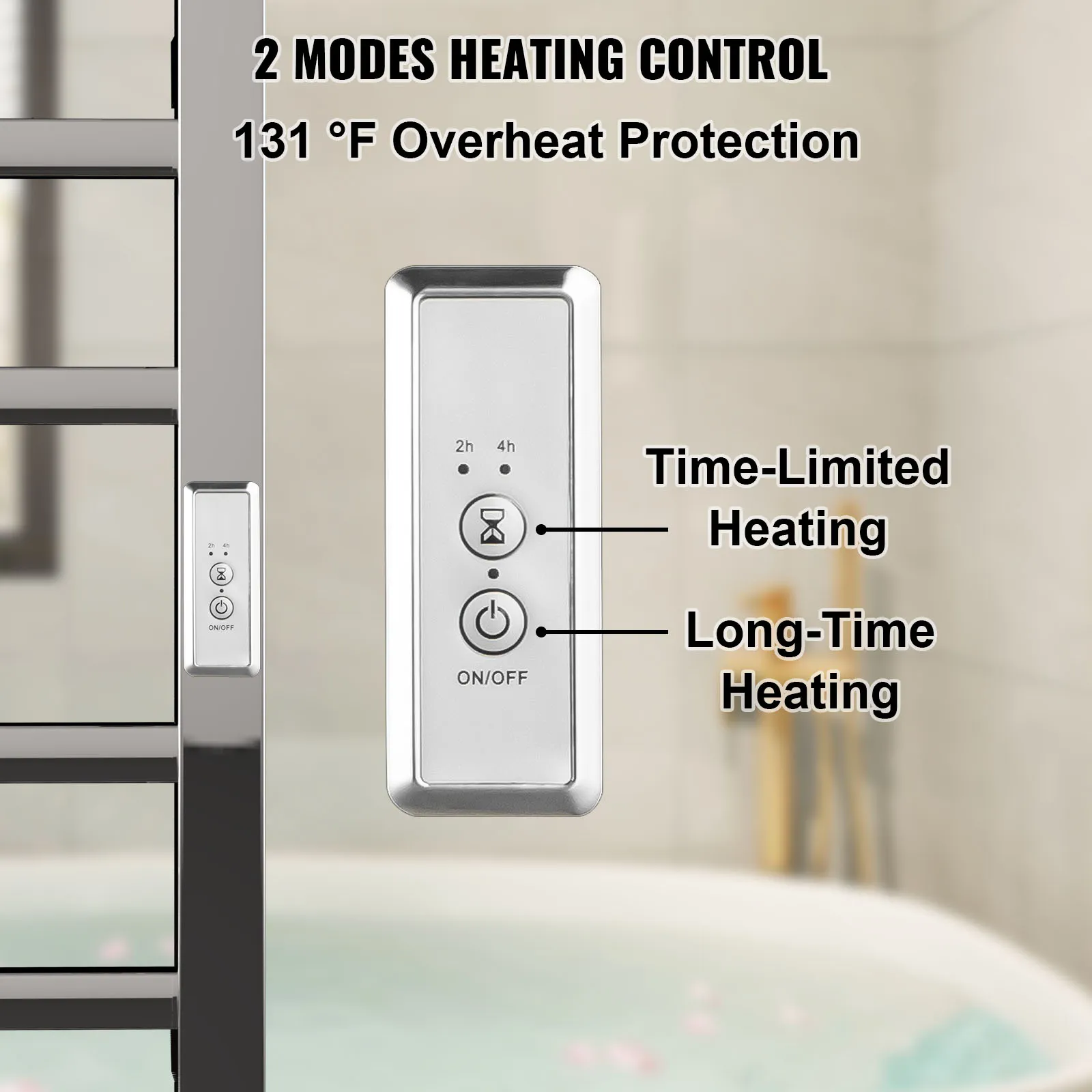 Toallero calefaccionado VEVOR que muestra 2 modos de calentamiento con protección contra sobrecalentamiento.