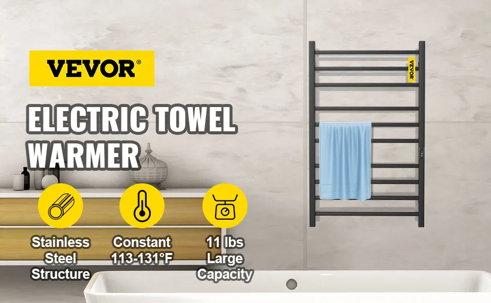 Toallero calefaccionado VEVOR para baño con capacidad de 11 libras y estructura de acero inoxidable.