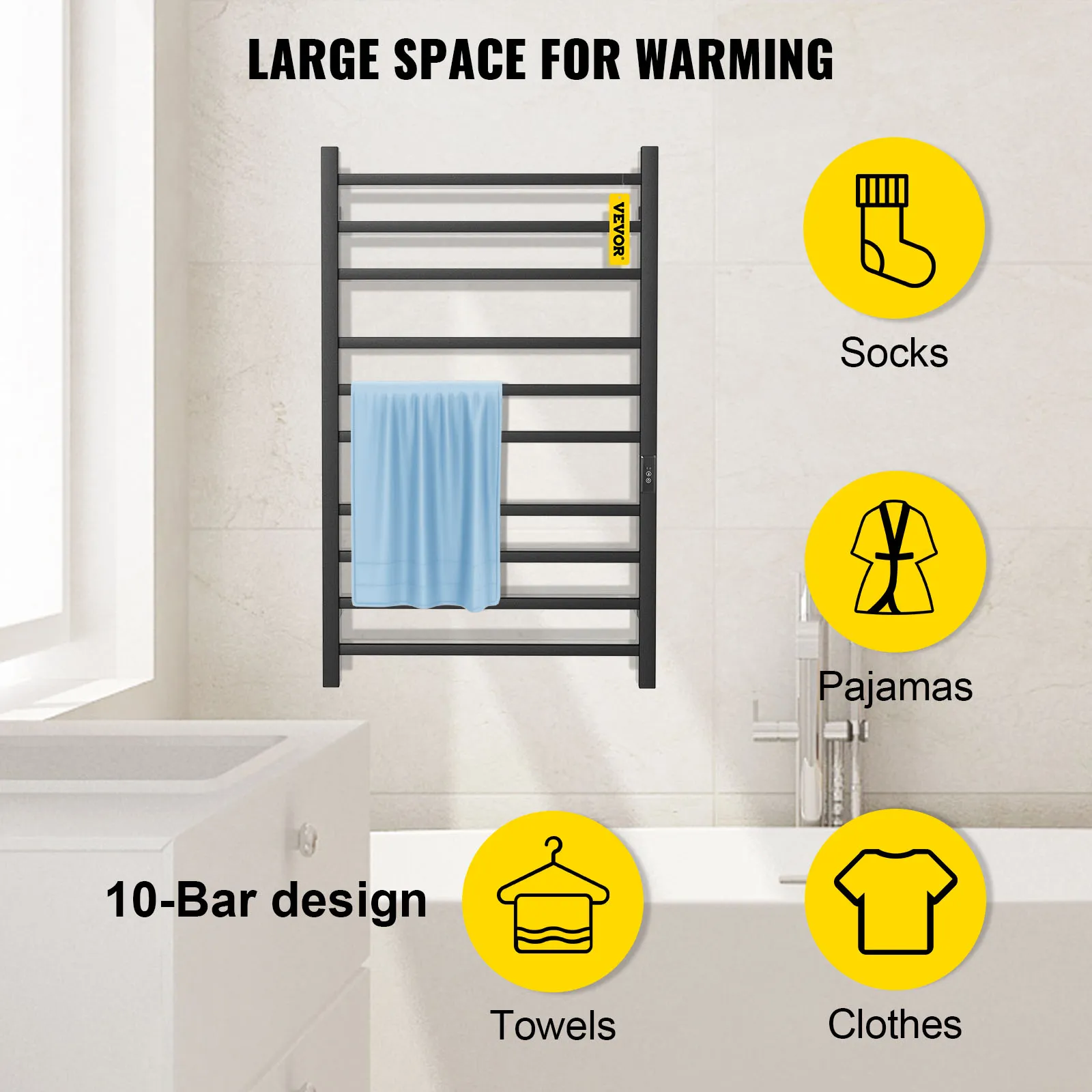 Toallero calefaccionado VEVOR con diseño de 10 barras para calentar toallas, calcetines, pijamas y ropa.