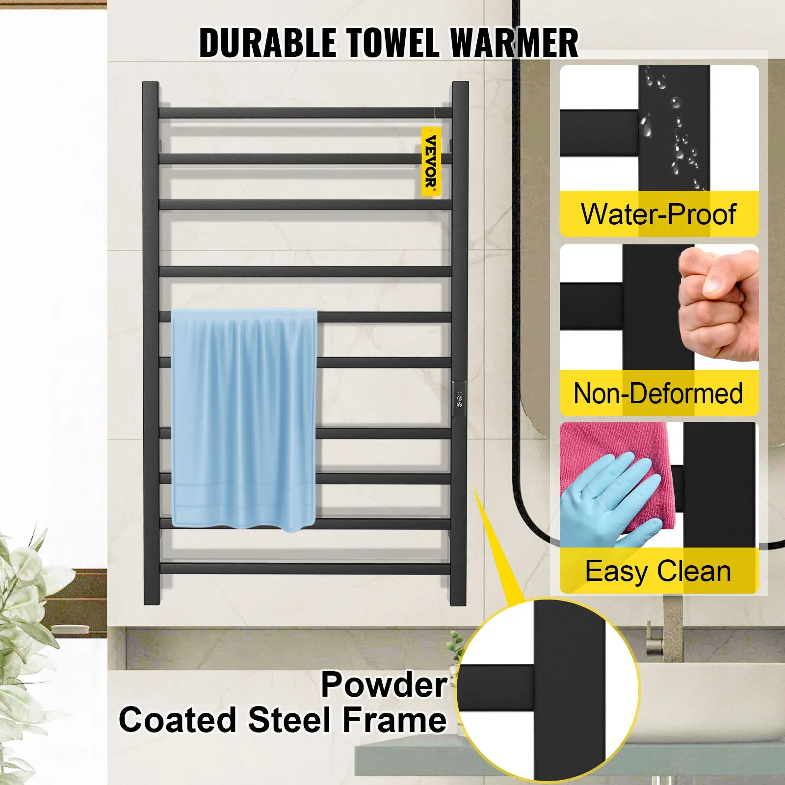 Toallero calefaccionado VEVOR con estructura de acero con recubrimiento en polvo, resistente al agua y fácil de limpiar.