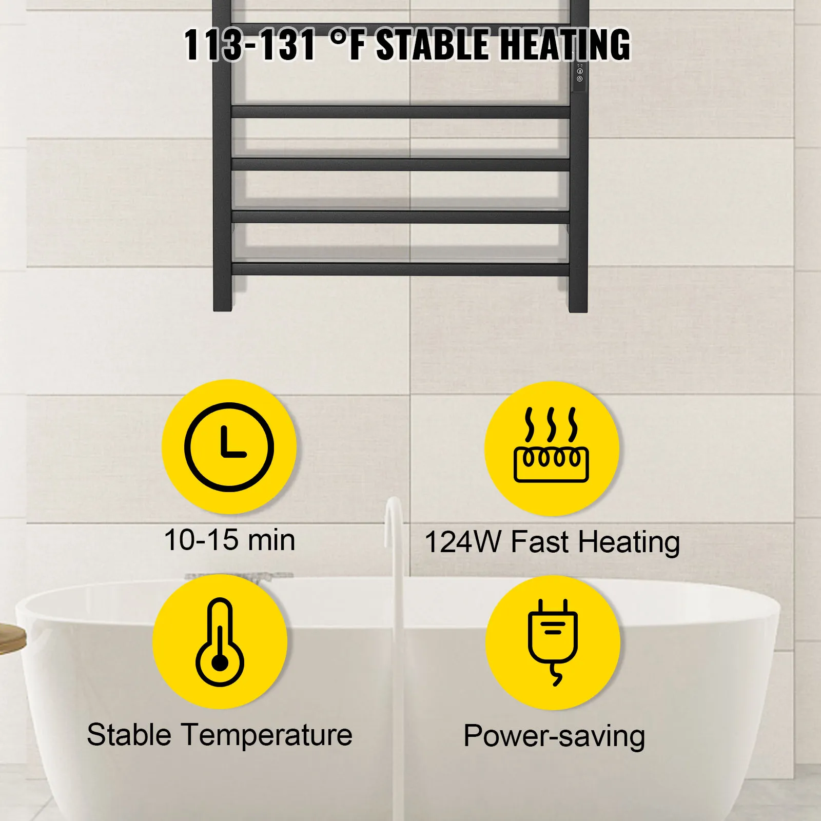 Toallero calefaccionado VEVOR, calentamiento estable, 10-15 min, calentamiento rápido de 124 W, ahorro de energía.