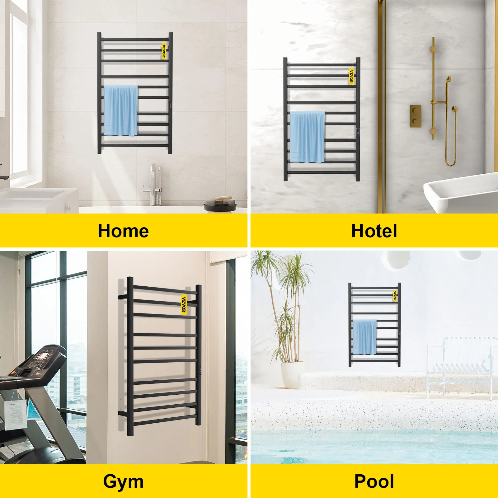 Toallero calefaccionado VEVOR expuesto en diversos entornos: hogar, hotel, gimnasio y piscina.