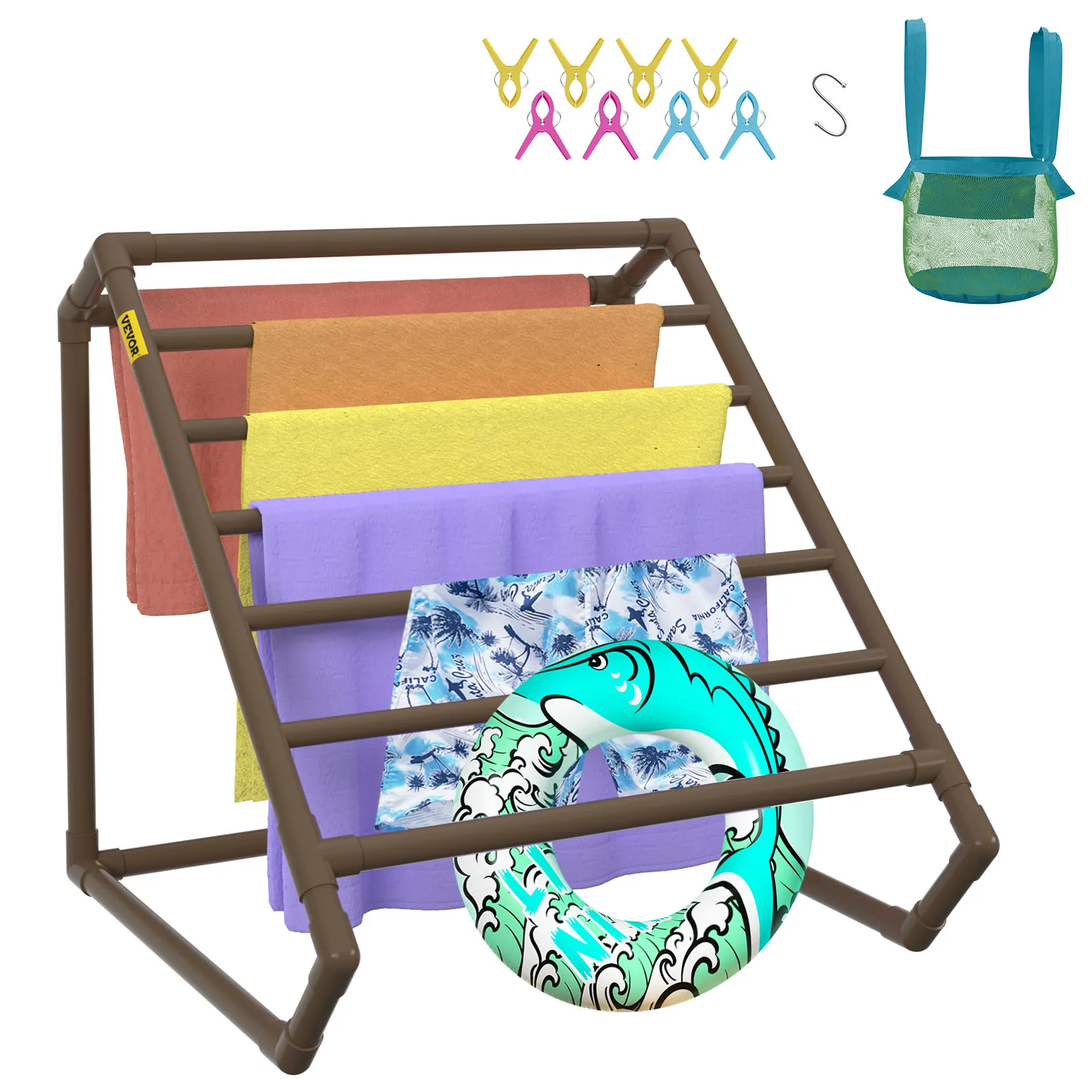 Toallero de piscina VEVOR con toallas de colores, flotador, clips y bolsa de almacenamiento. Ideal para usar junto a la piscina.