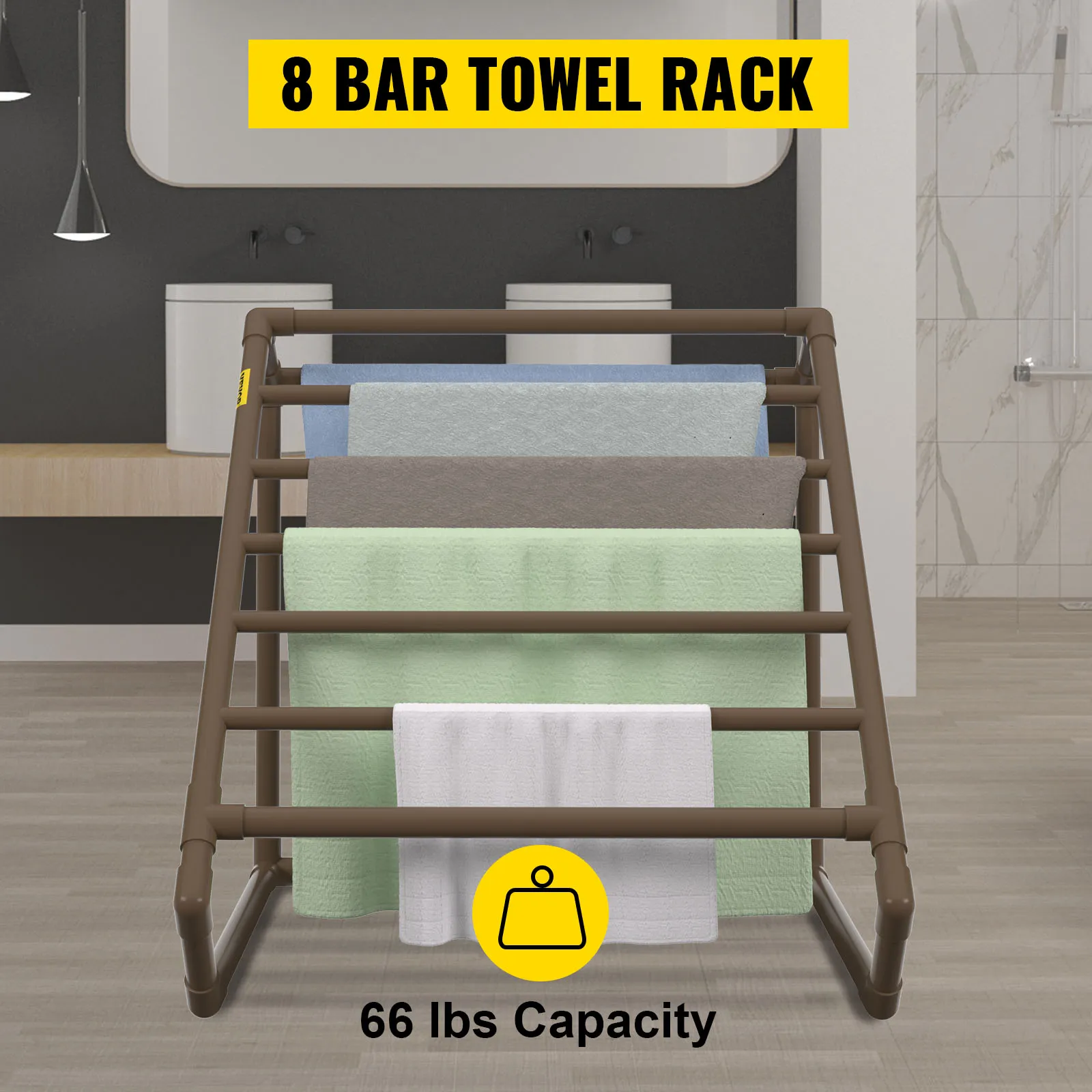 Toallero de piscina VEVOR de 8 barras en baño moderno, admite varias toallas, capacidad de 66 libras.