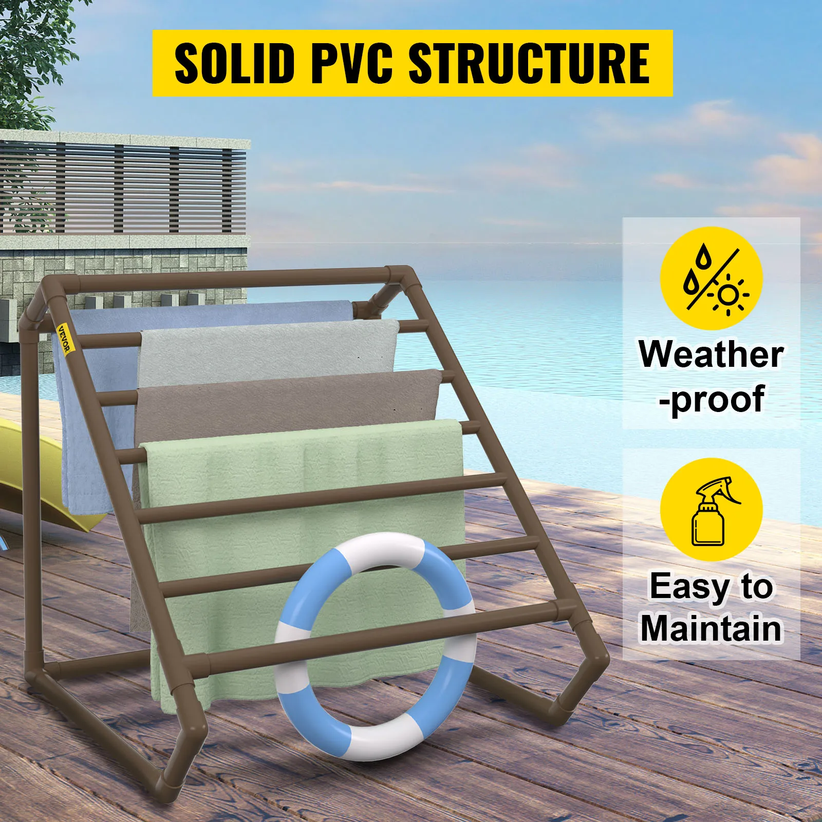 Toallero de piscina VEVOR con estructura sólida de pvc, para sujetar toallas junto a la piscina, resistente a la intemperie y de fácil mantenimiento.