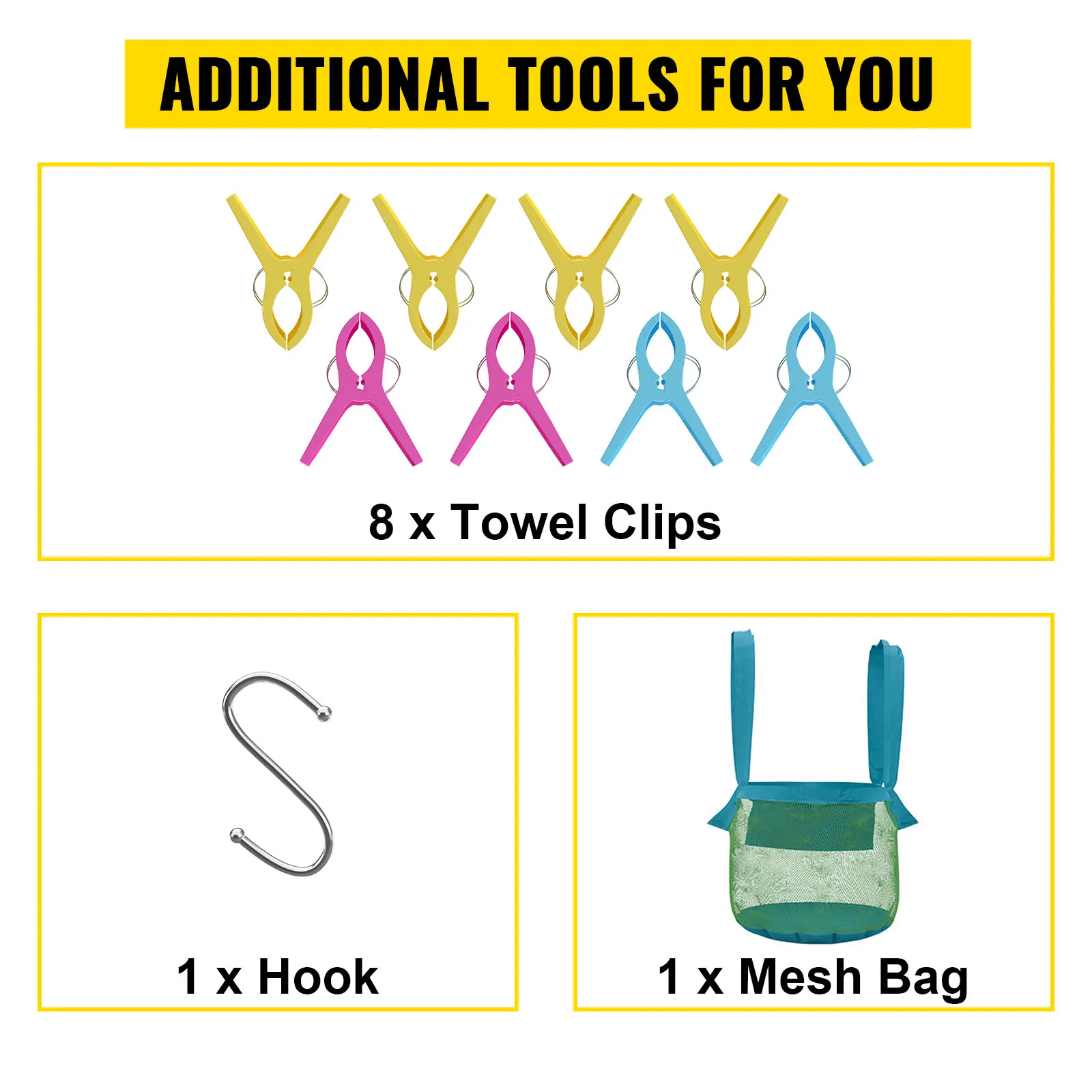 Accesorios para toalleros de piscina VEVOR: 8 clips para toallas, 1 gancho y 1 bolsa de malla.