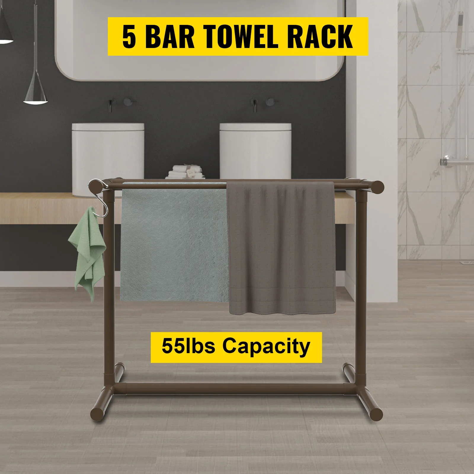 Toallero de piscina VEVOR con 5 barras en un baño moderno, capacidad de 55 libras, con capacidad para varias toallas.