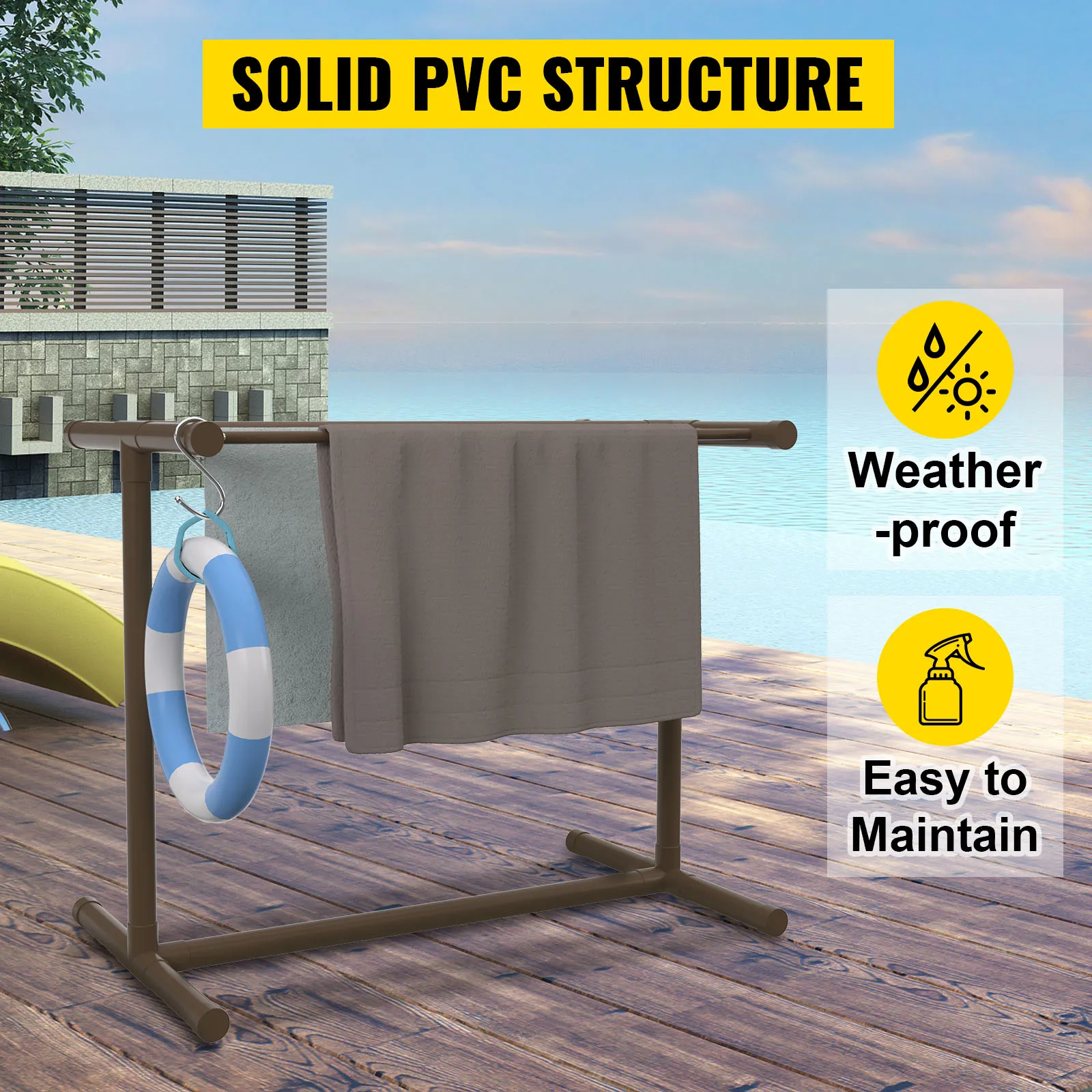Toallero de piscina VEVOR para uso junto a la piscina con etiquetas resistentes a la intemperie y de fácil mantenimiento.