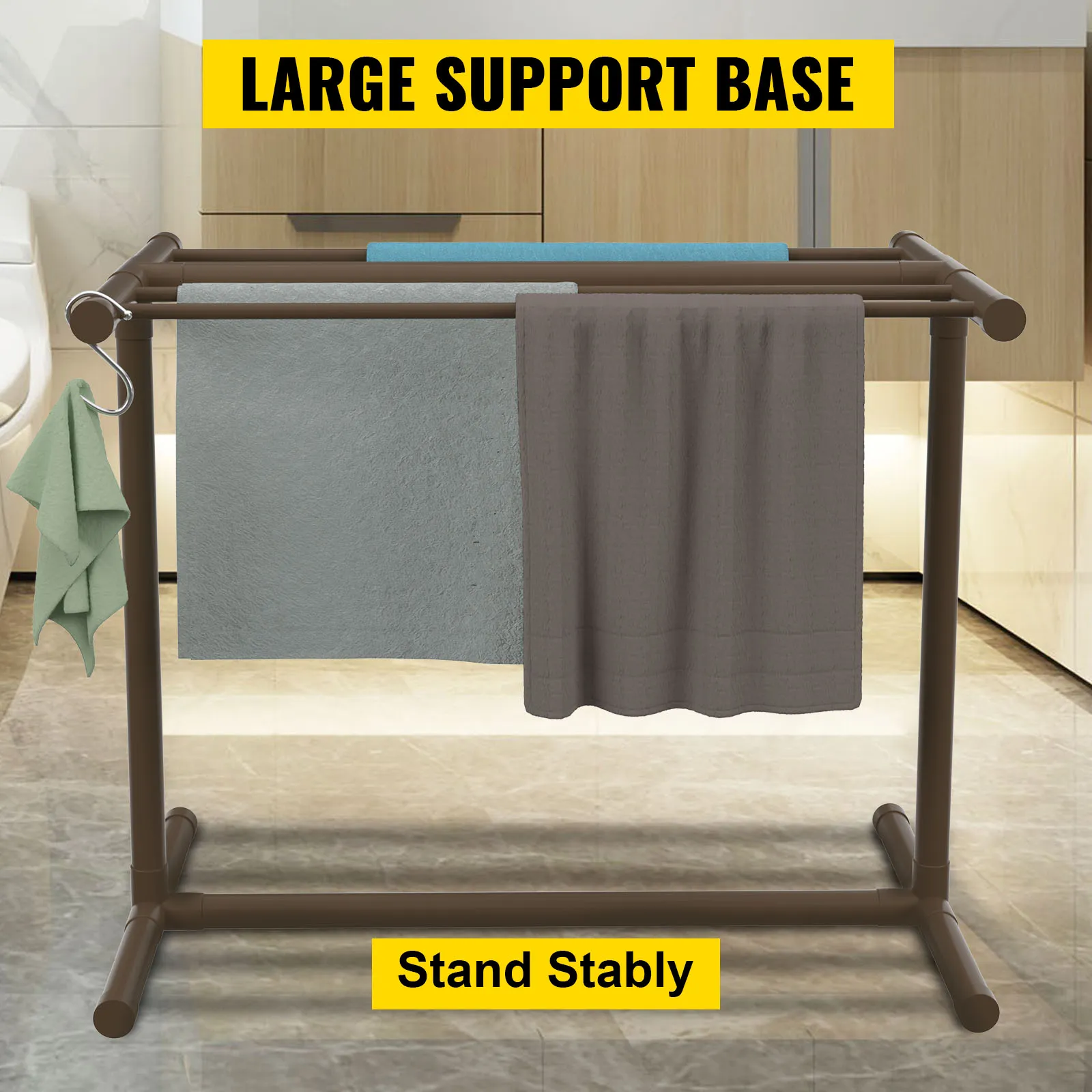 Toallero de piscina VEVOR con gran base de apoyo y múltiples toallas colgadas en un entorno de baño.