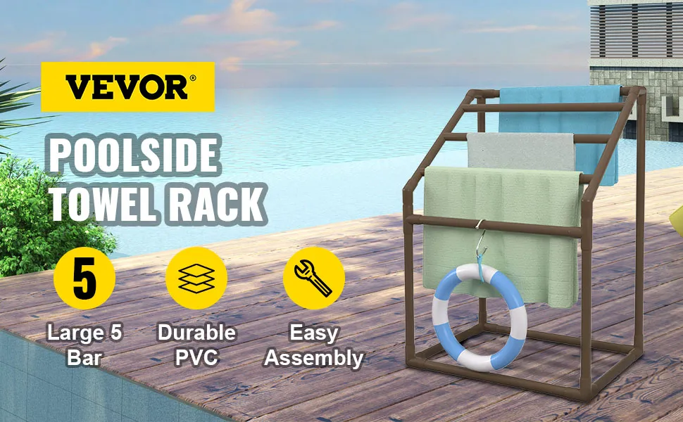 VEVOR-Poolhandtuchhalter für den Poolbereich mit Handtüchern, Rettungsring und Funktionen wie 5 großen Stangen und strapazierfähigem PVC.