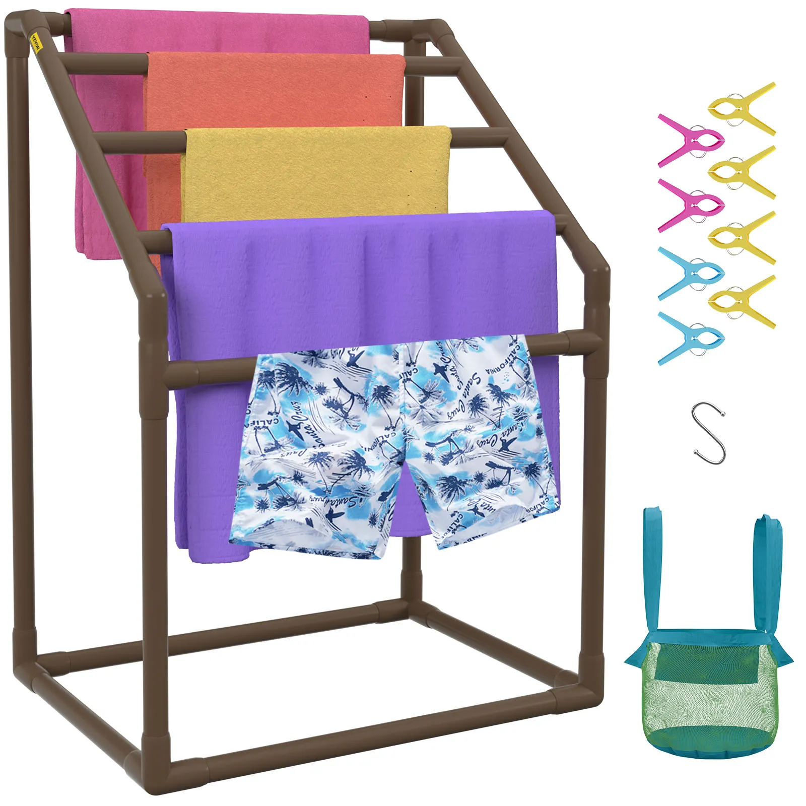 VEVOR-Poolhandtuchhalter mit bunten Handtüchern, Badehosen, Klammern, Haken und Netztasche für den Einsatz am Pool.