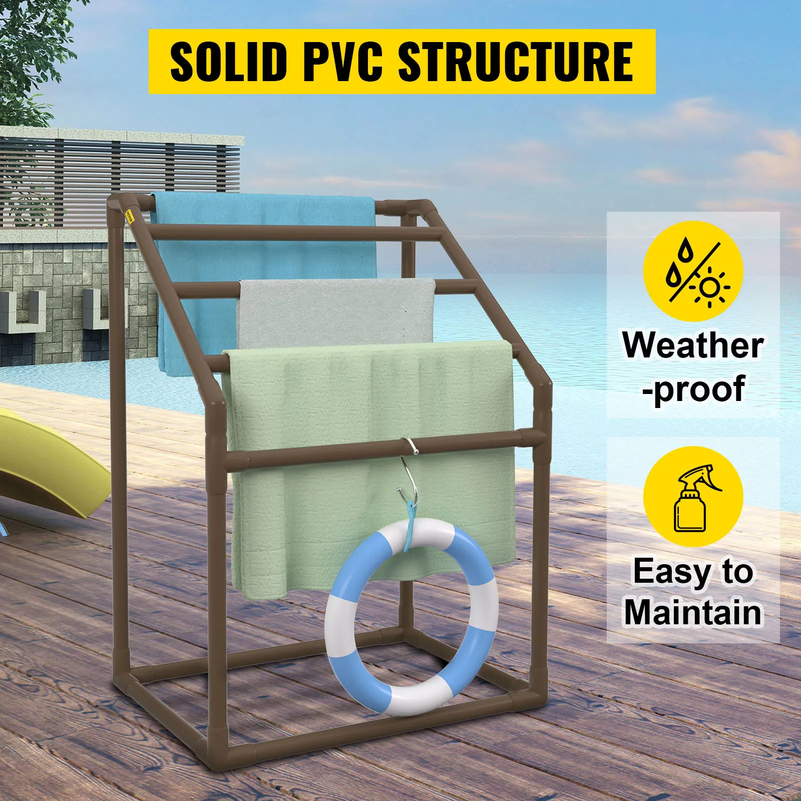 VEVOR-Poolhandtuchständer mit solider PVC-Struktur am Poolrand, zur Präsentation von Handtüchern und einem Rettungsring.