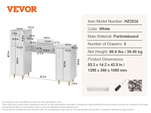 Mesa de manicura VEVOR con 3 cajones, reposamuñecas, tornillos y destornillador, tablero de partículas blanco, modelo hz2024.