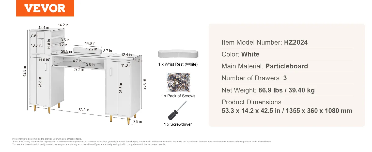 Mesa de manicura VEVOR con 3 cajones, reposamuñecas, tornillos y destornillador, tablero de partículas blanco, modelo hz2024.