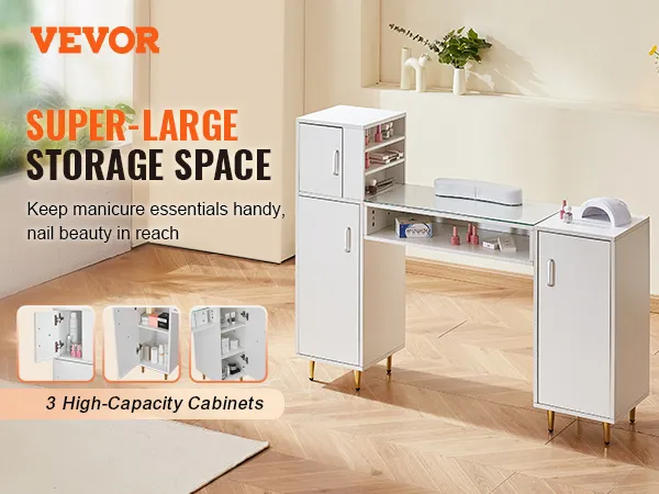 Mesa de manicura VEVOR con espacio de almacenamiento súper grande, 3 gabinetes de gran capacidad para artículos esenciales de uñas.