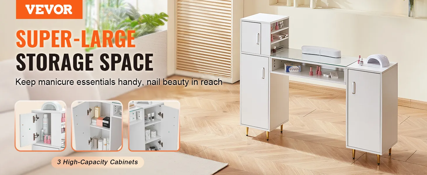 Mesa de manicura VEVOR con espacio de almacenamiento súper grande, 3 gabinetes de gran capacidad para artículos esenciales de uñas.