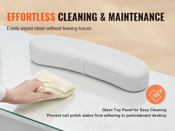 Mesa de manicura VEVOR con tapa de cristal y cojín de reposabrazos blanco que se limpia sin esfuerzo, limpiando con un paño.