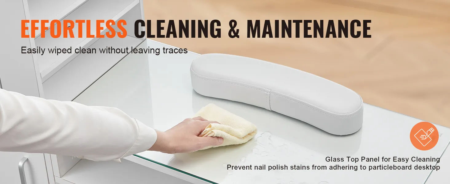 Mesa de manicura VEVOR con tapa de cristal y cojín de reposabrazos blanco que se limpia sin esfuerzo, limpiando con un paño.