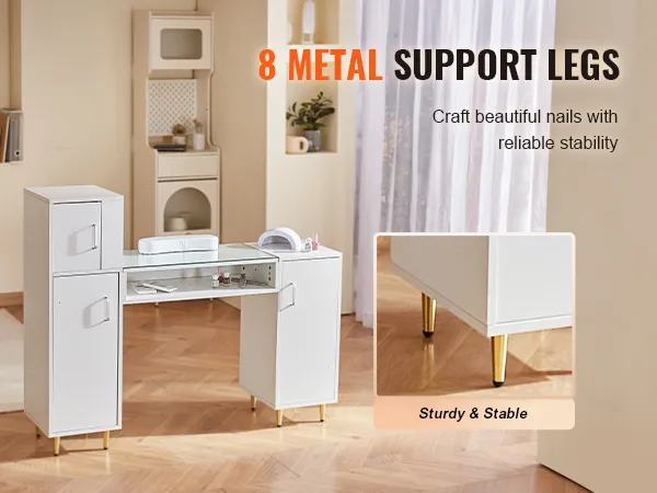 Mesa de manicura VEVOR con 8 patas de metal, diseño blanco, resistente y estable para salones de uñas.