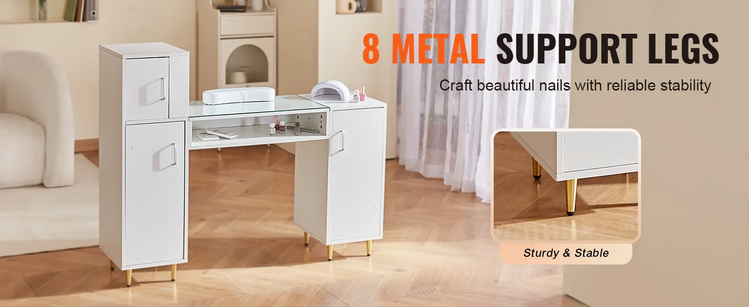 Mesa de manicura VEVOR con 8 patas de metal, diseño blanco, resistente y estable para salones de uñas.