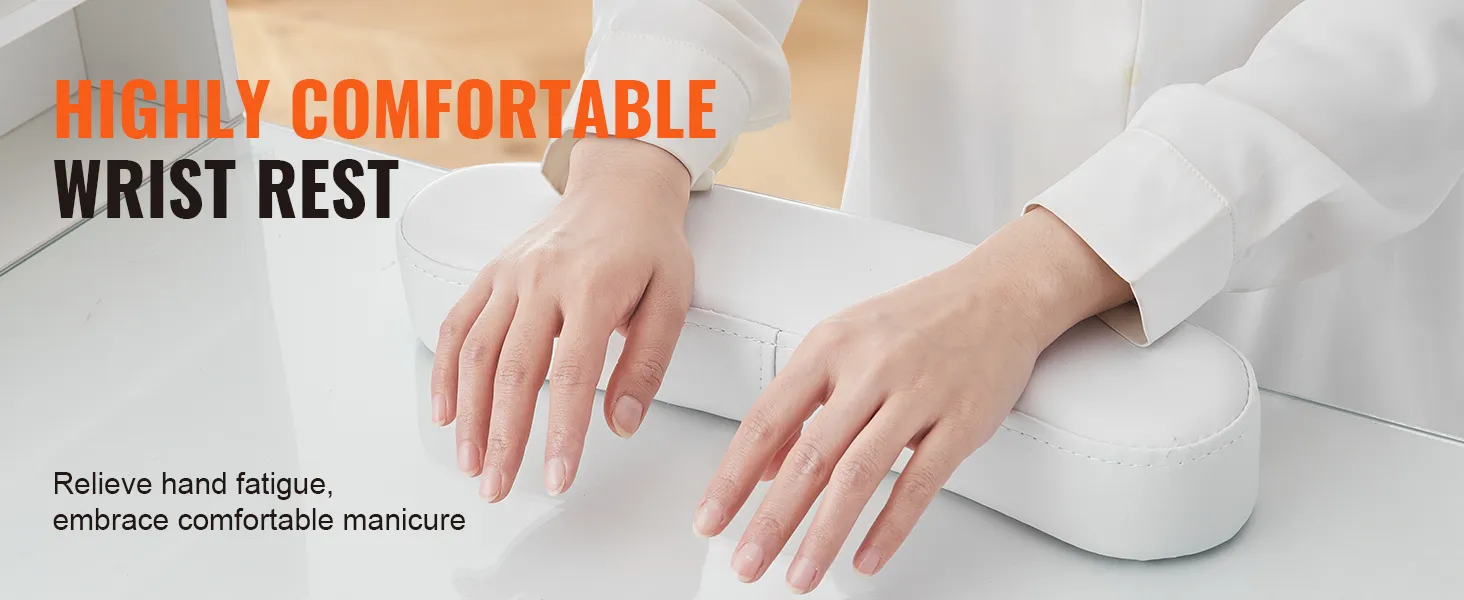 Manos descansando sobre un cómodo soporte para muñecas para la mesa de manicura VEVOR.