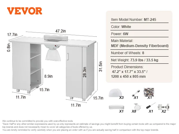 Especificaciones, accesorios y dimensiones de la mesa de manicura VEVOR en mdf blanco con 8 ruedas y almacenamiento.